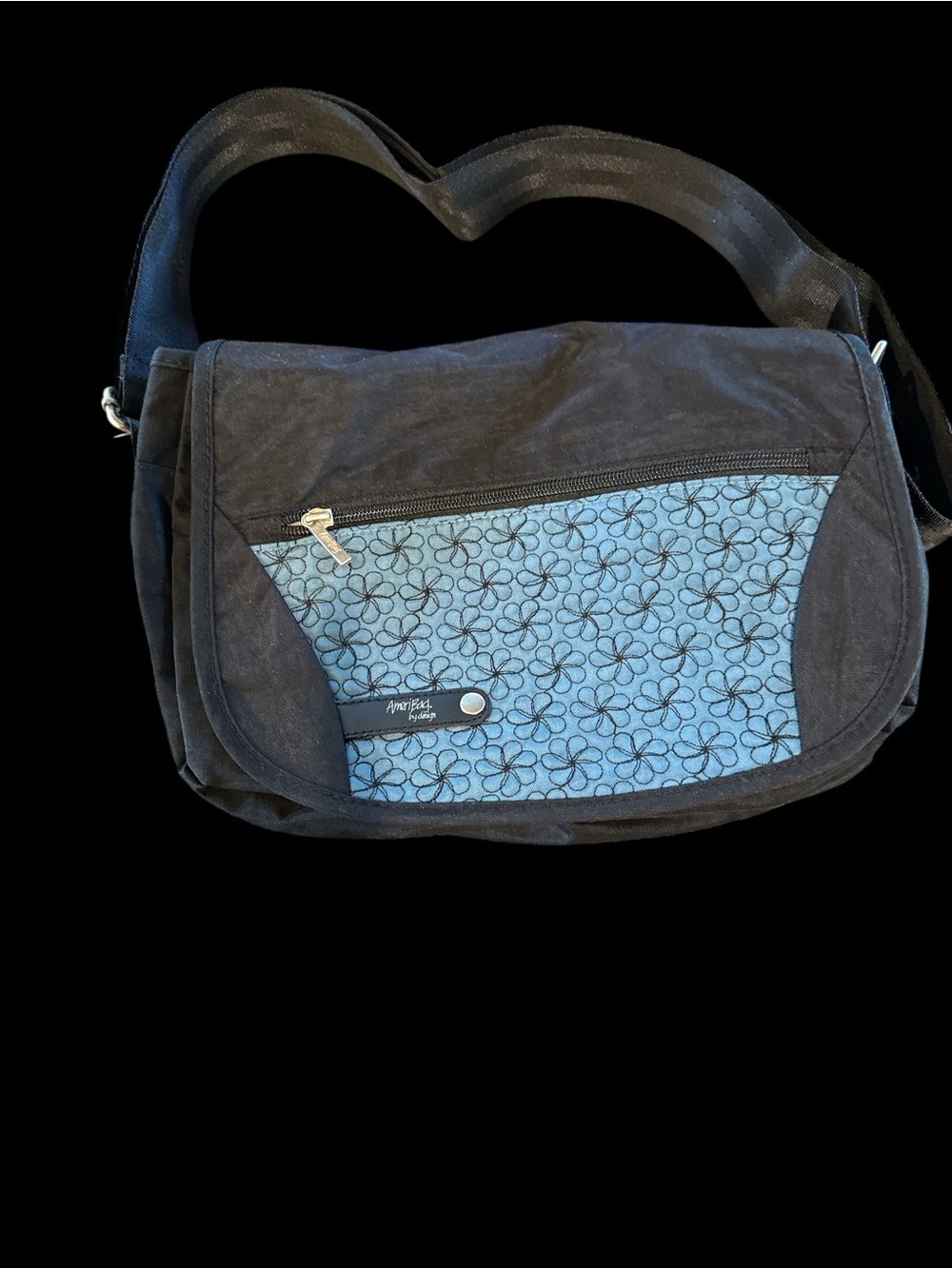 Ameribag Jazzmin Collection Black Crossbody with Blue Floral Panel